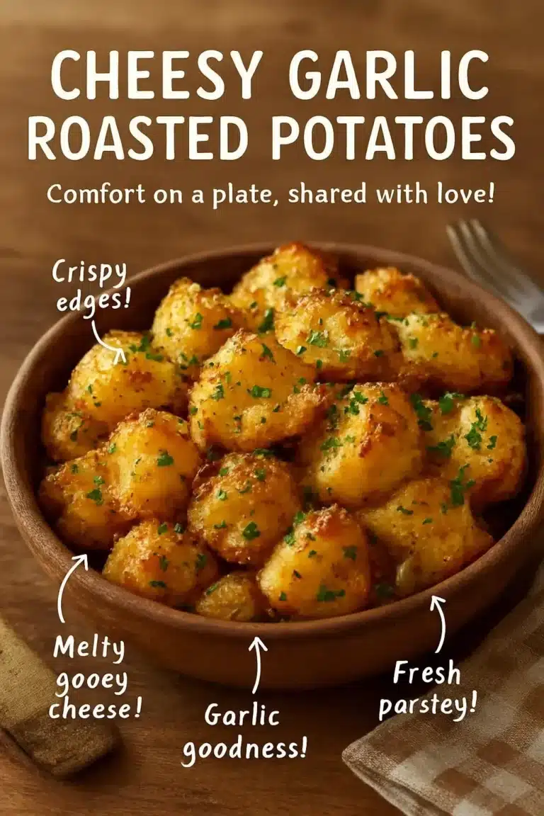Cheesy Garlic Roasted Potatoes 7 Cheesy garlic roasted potatoes served in a rustic dish