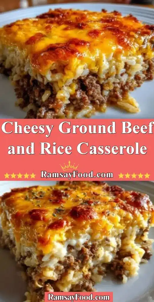Cheesy ground beef and rice casserole served in a baking dish