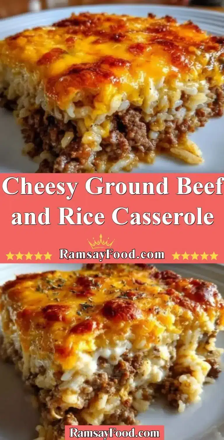 Cheesy ground beef and rice casserole served in a baking dish