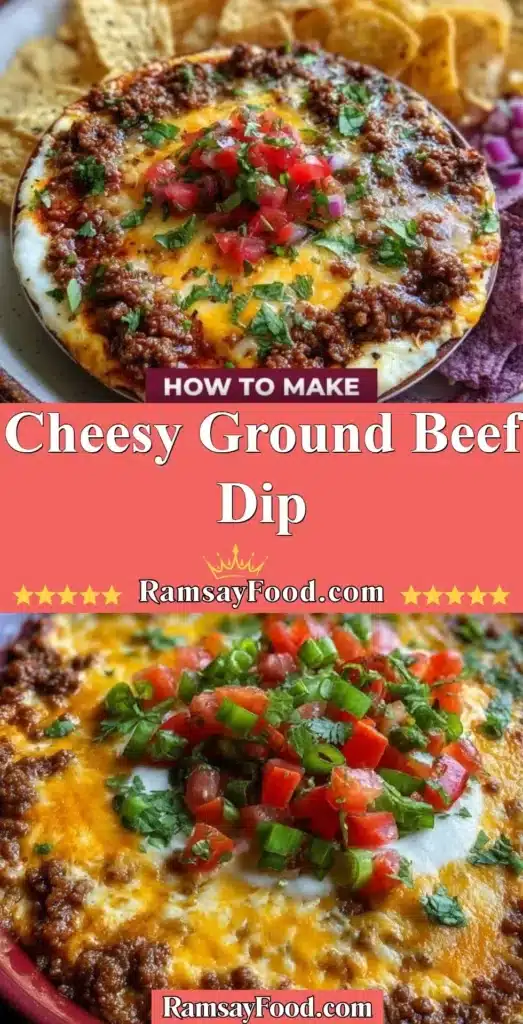 Cheesy ground beef dip served in a bowl with tortilla chips on the side.