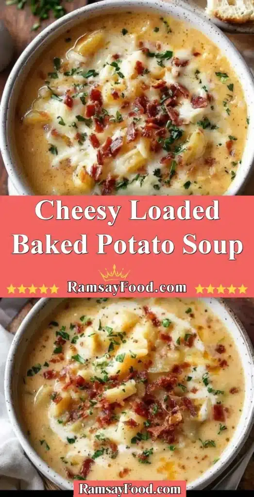 Bowl of delicious Cheesy Loaded Baked Potato Soup topped with cheese and green onions