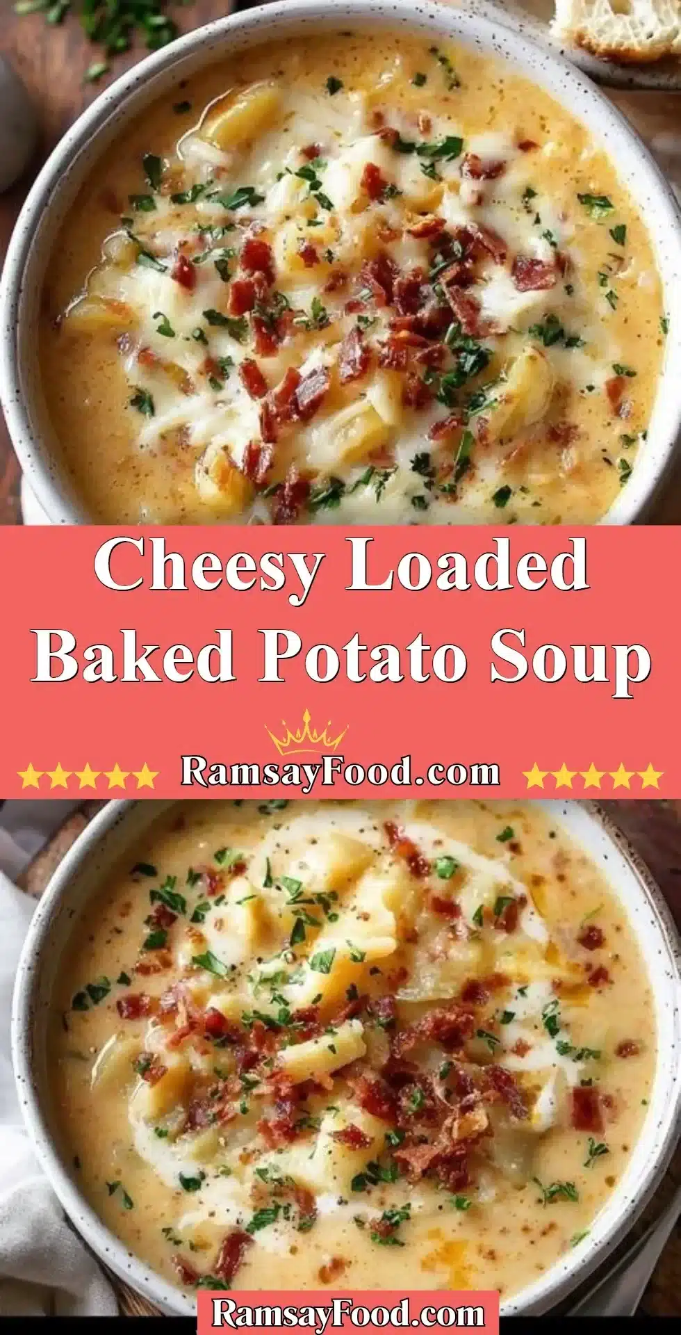 Bowl of delicious Cheesy Loaded Baked Potato Soup topped with cheese and green onions