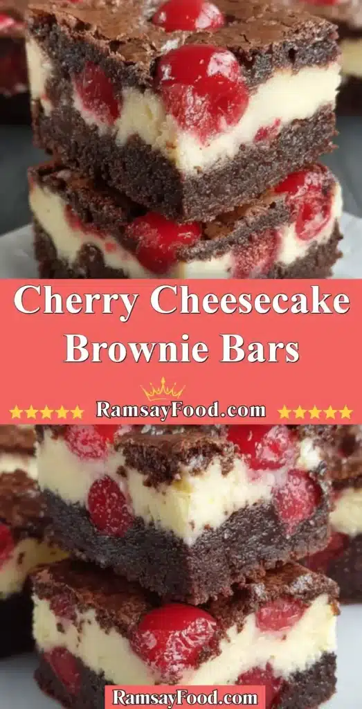 Delicious Cherry Cheesecake Brownie Bars with a rich chocolate base and cherry topping