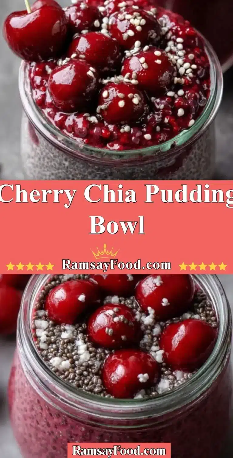 Cherry chia pudding bowl topped with fresh cherries and nuts