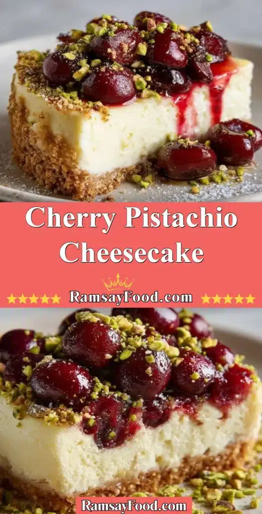 Delicious Cherry Pistachio Cheesecake topped with cherries and pistachios