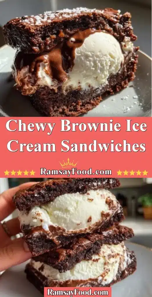 Chewy brownie ice cream sandwiches with rich chocolate and creamy ice cream filling