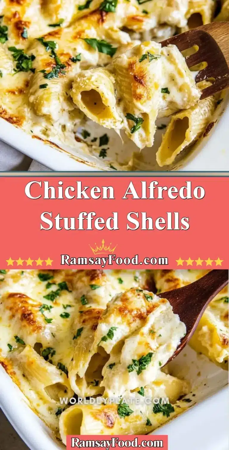 Plate of Chicken Alfredo Stuffed Shells topped with parsley and parmesan cheese