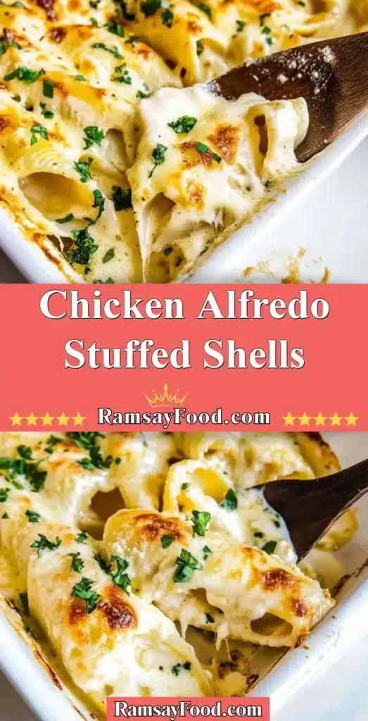 Delicious Chicken Alfredo Stuffed Shells topped with cheese