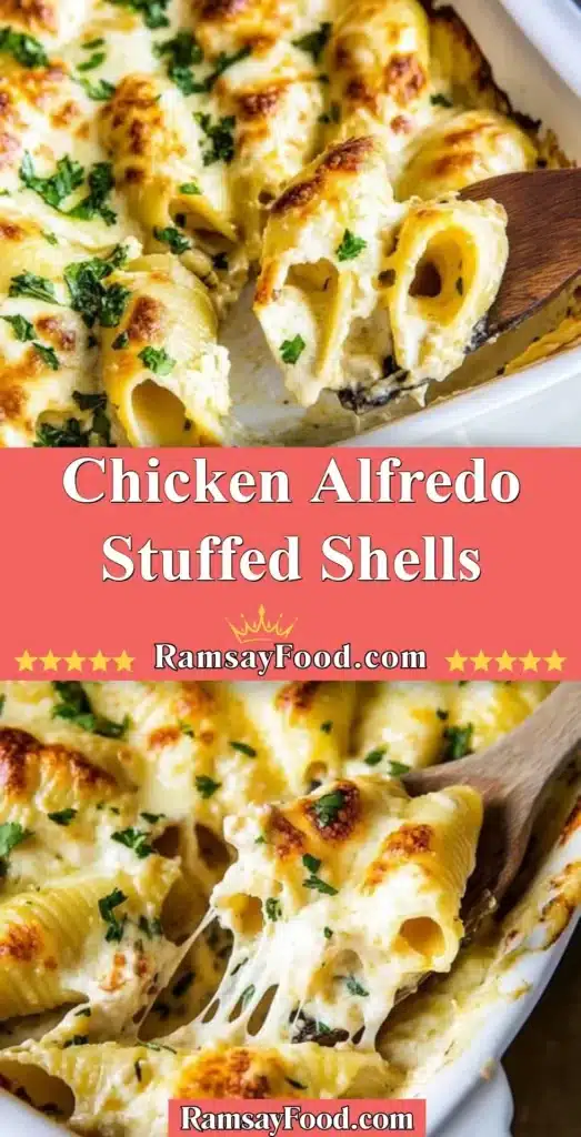 Delicious Chicken Alfredo Stuffed Shells topped with cheese and herbs