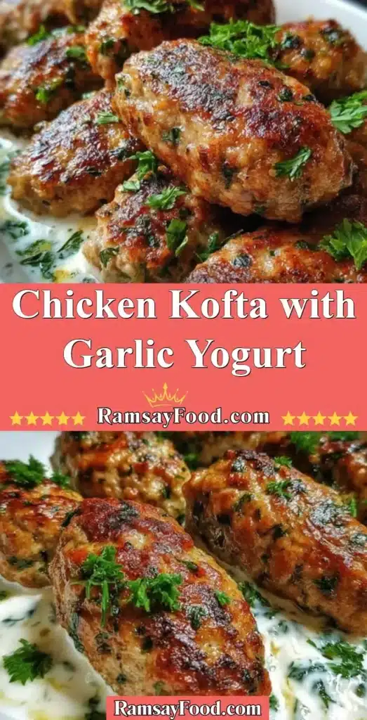 Plate of Chicken Kofta served with garlic yogurt sauce and fresh herbs