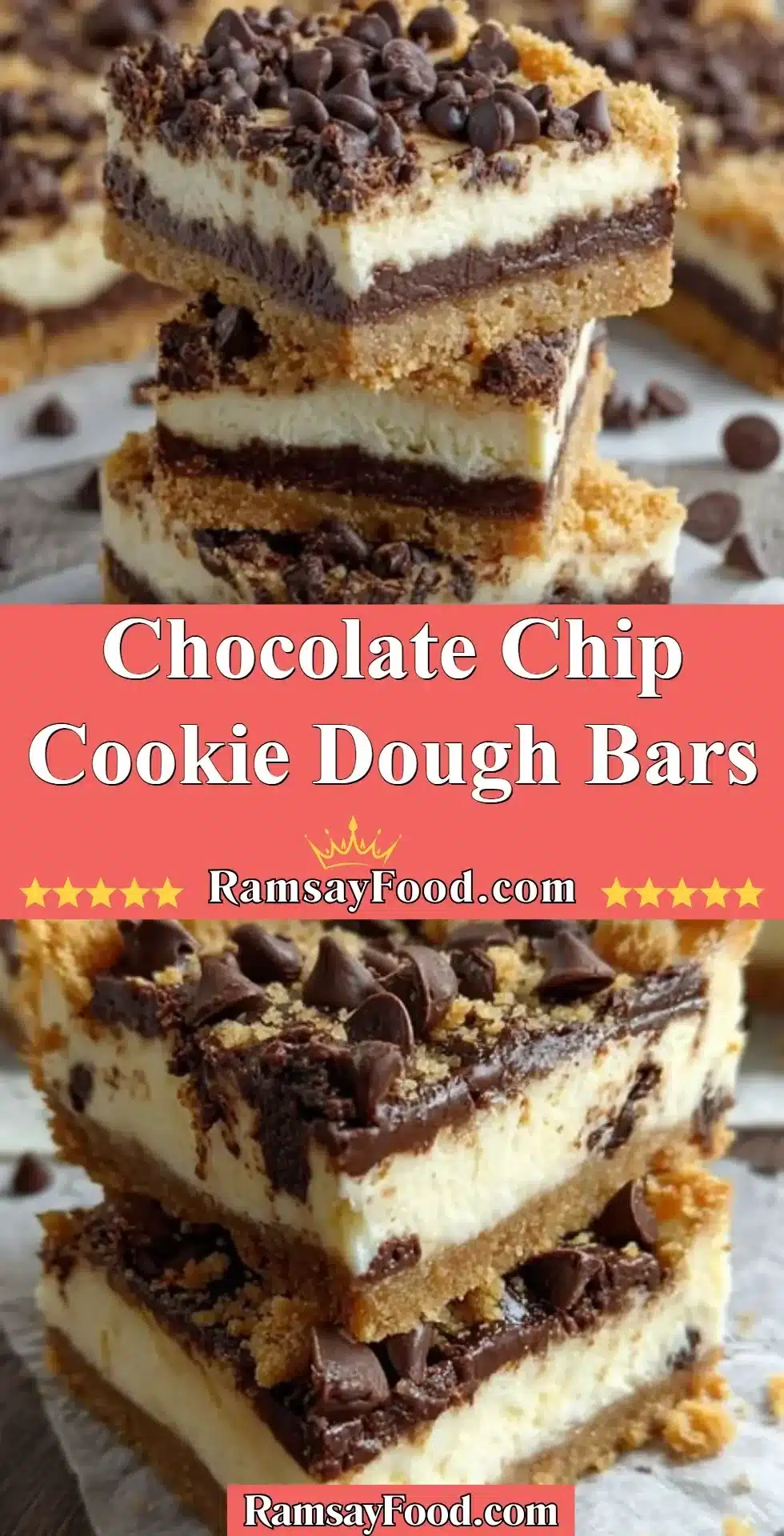 Delicious chocolate chip cookie dough bars ready to be enjoyed.