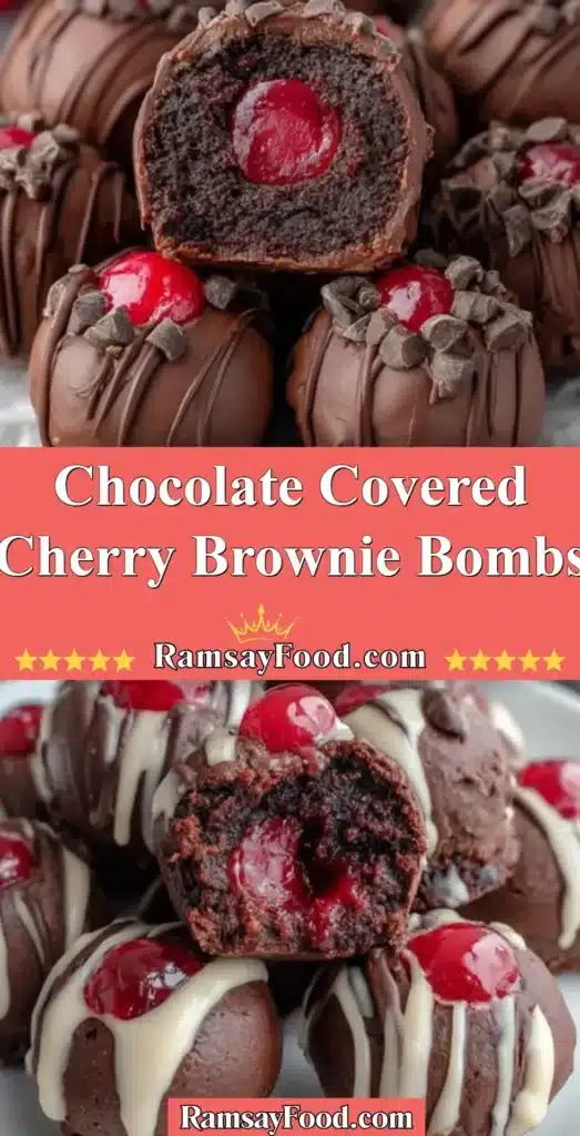 Chocolate covered cherry brownie bombs topped with drizzled chocolate
