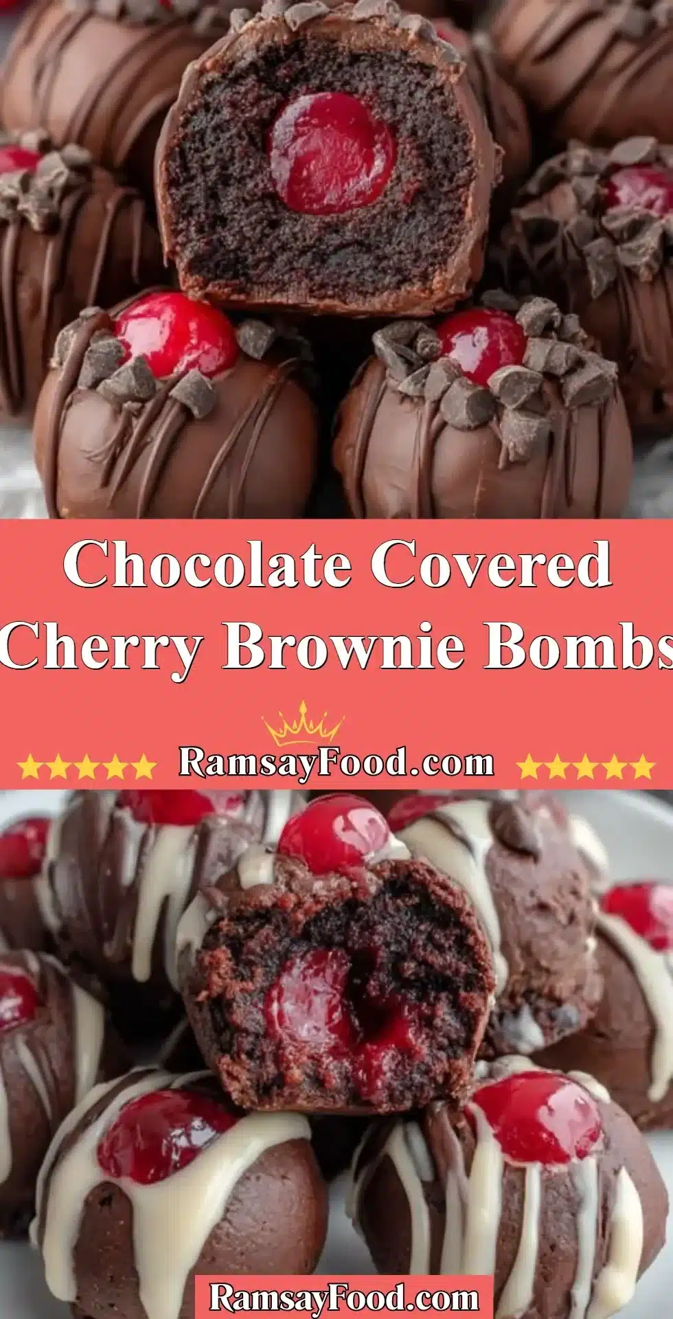 Chocolate covered cherry brownie bombs topped with drizzled chocolate