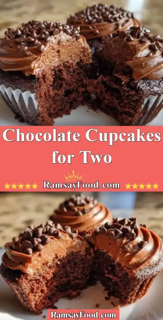 Delicious chocolate cupcakes for two, topped with creamy chocolate frosting.