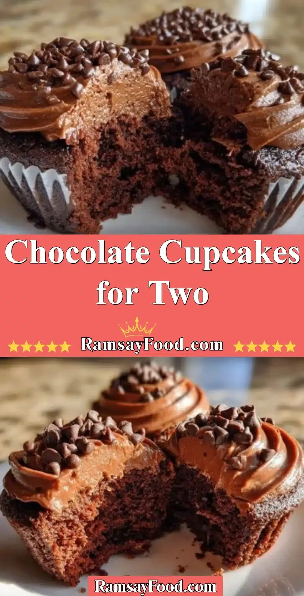 Chocolate Cupcakes for Two 2 Delicious chocolate cupcakes for two, topped with creamy chocolate frosting.