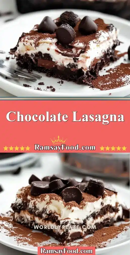 Delicious layered chocolate lasagna dessert with creamy filling and chocolate topping