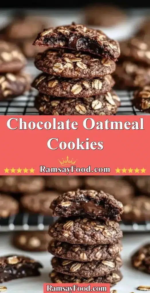Freshly baked chocolate oatmeal cookies on a cooling rack