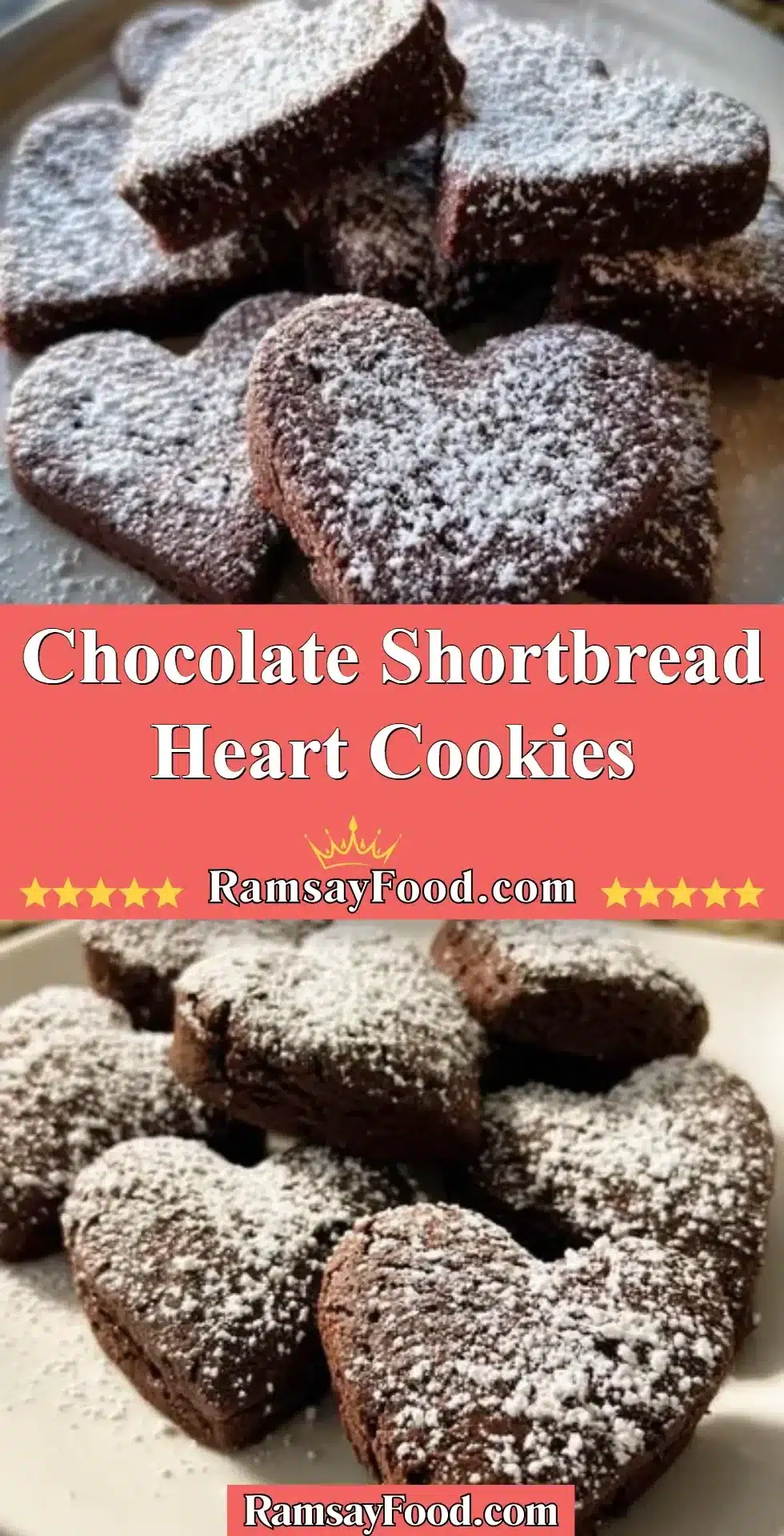 Delicious chocolate shortbread heart cookies arranged on a plate.