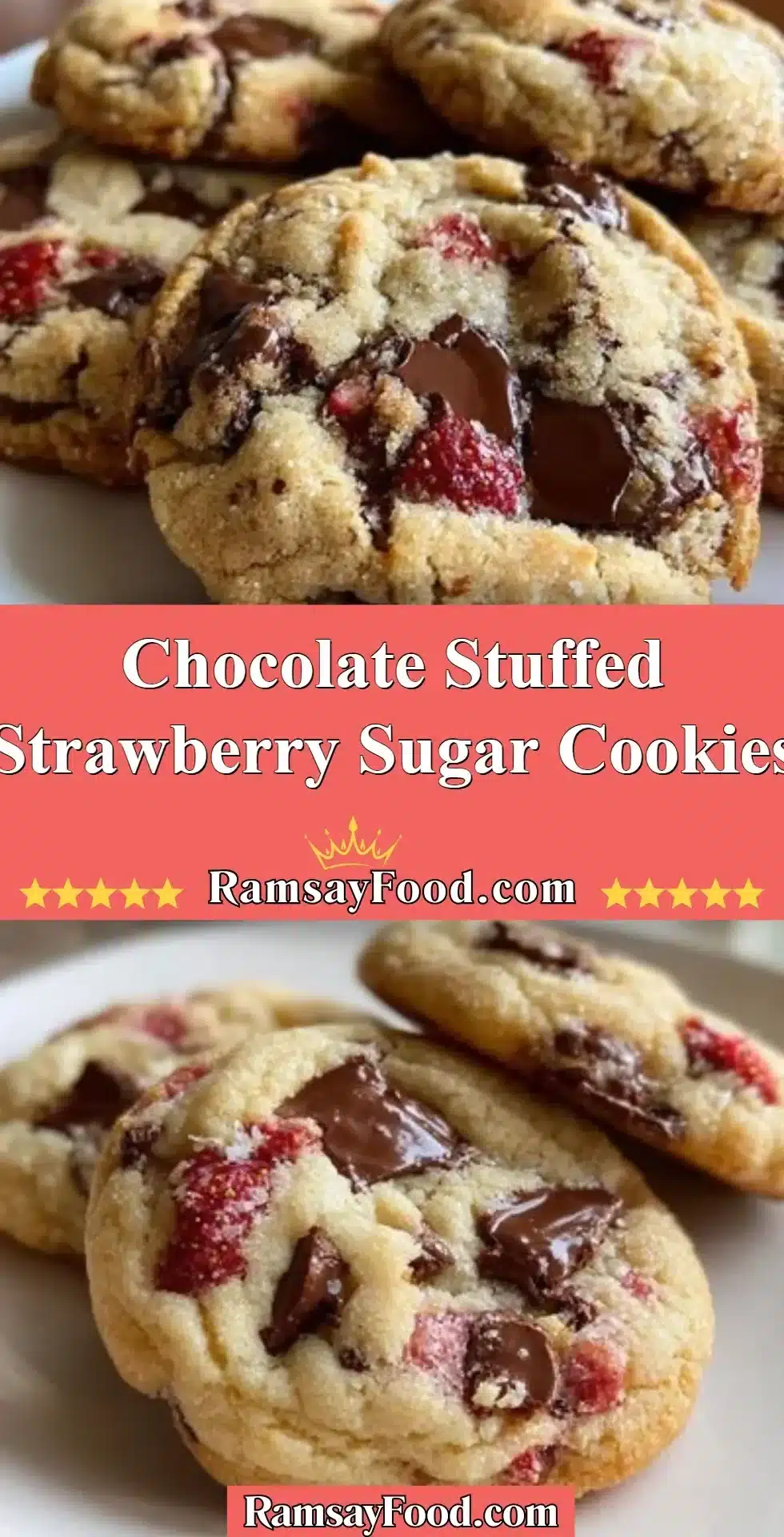 Chocolate Stuffed Strawberry Sugar Cookies 2 Delicious chocolate stuffed strawberry sugar cookies on a plate