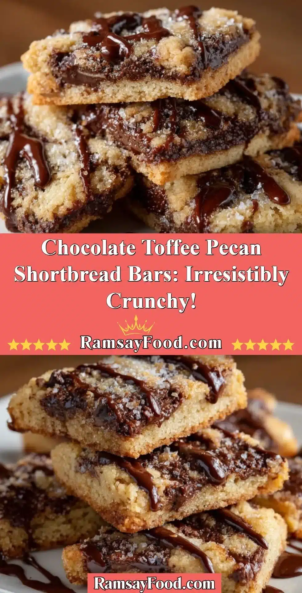 Delicious chocolate toffee pecan shortbread bars topped with nuts and chocolate.