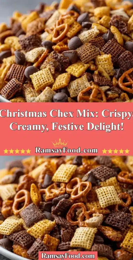 Bowl of Christmas Chex Mix featuring crispy cereal, holiday colors, and festive treats