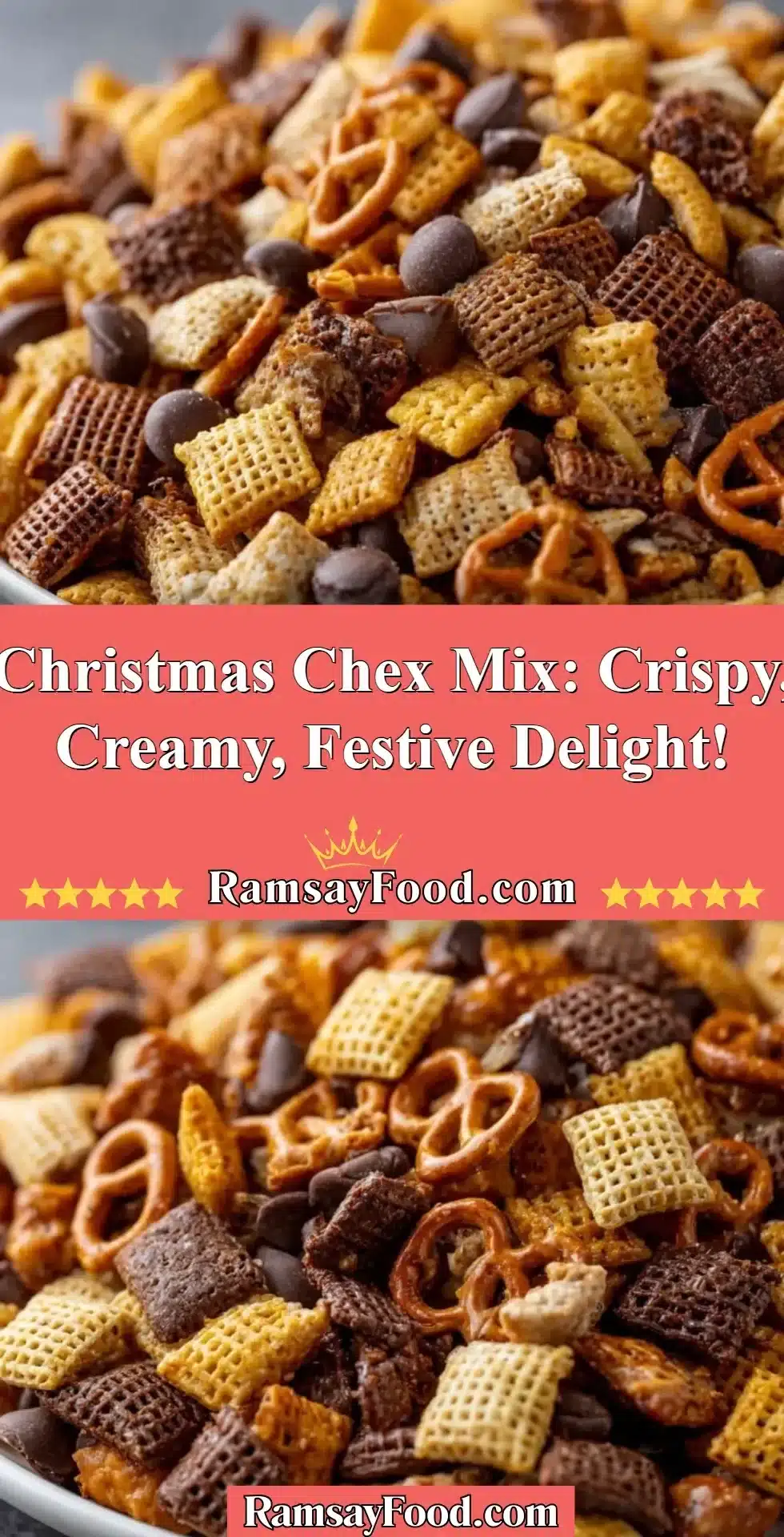 Christmas Chex Mix: Crispy, Creamy, Festive Delight! 2 Bowl of Christmas Chex Mix featuring crispy cereal, holiday colors, and festive treats