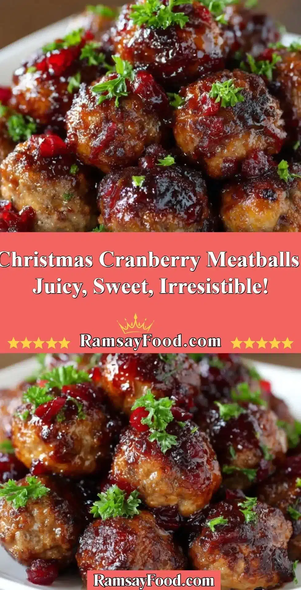 Christmas Cranberry Meatballs: Juicy, Sweet, Irresistible! 2 Delicious Christmas cranberry meatballs served on a festive platter