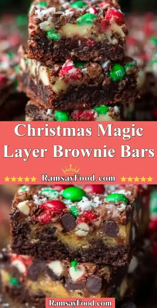 Delicious Christmas Magic Layer Brownie Bars with festive decorations