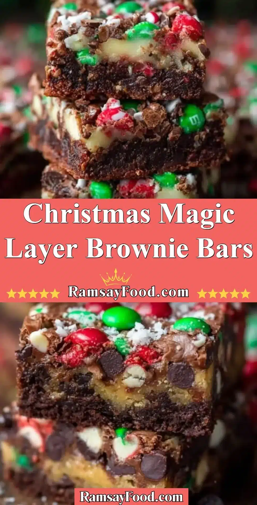 Delicious Christmas Magic Layer Brownie Bars with festive decorations