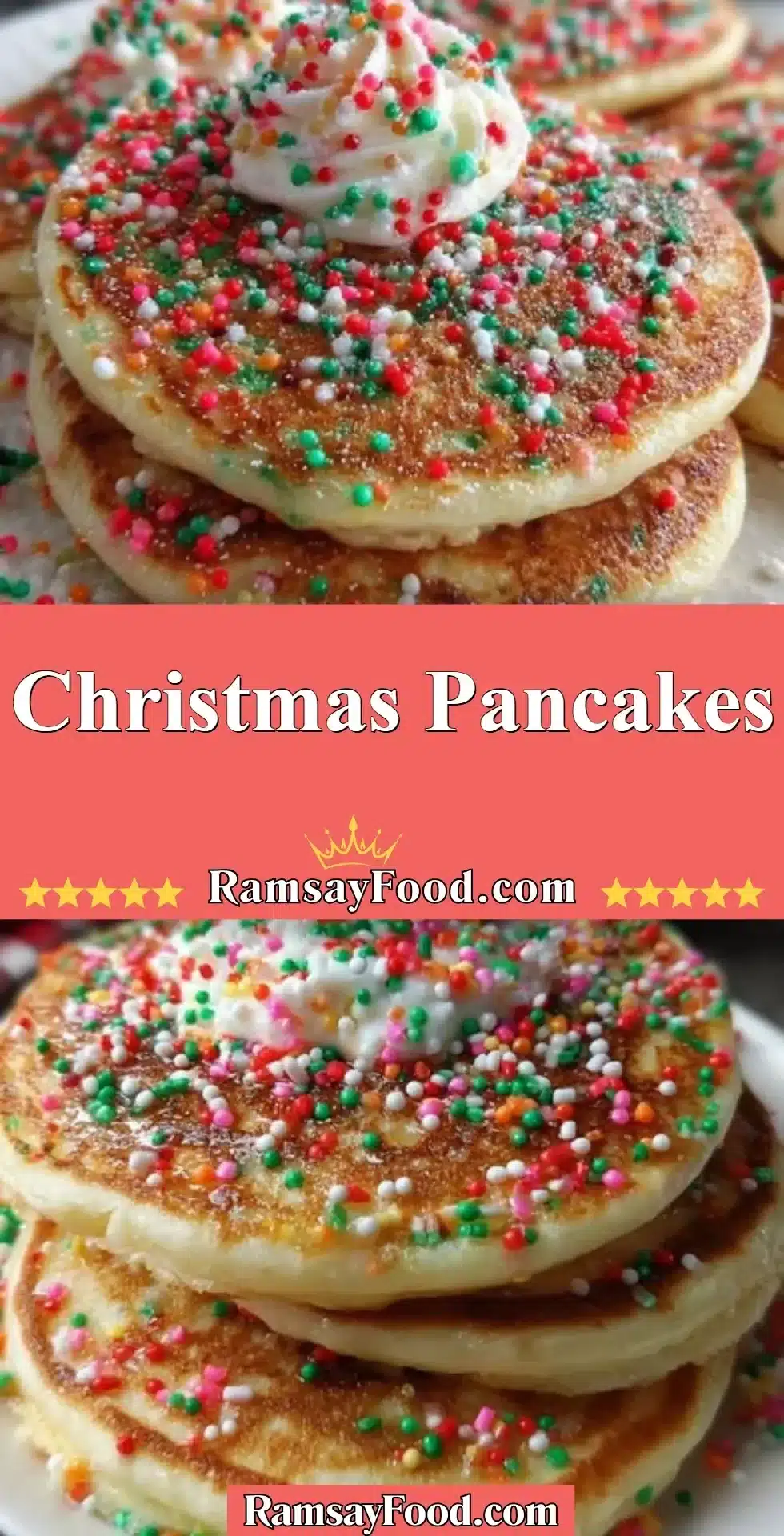 Stack of festive Christmas pancakes with syrup and berries, perfect for holiday breakfast