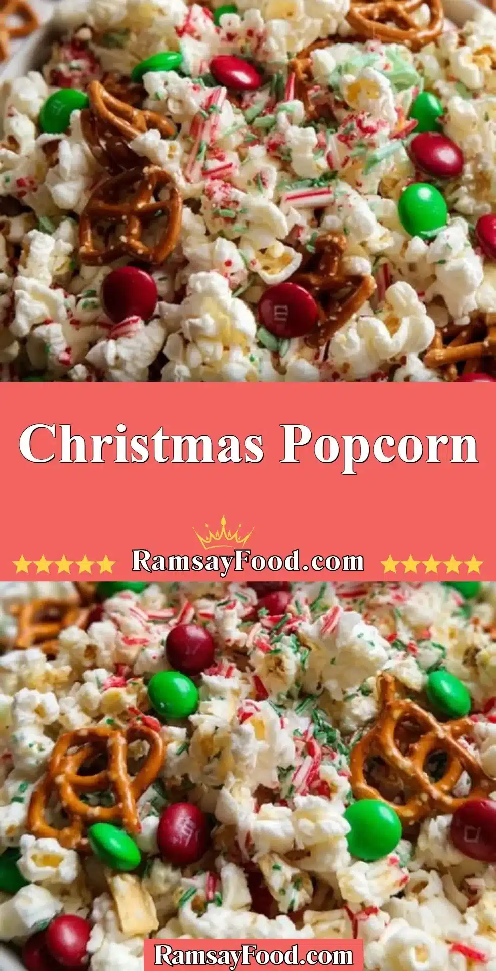 Christmas Popcorn 2 A festive bowl of Christmas popcorn decorated with holiday-themed toppings.