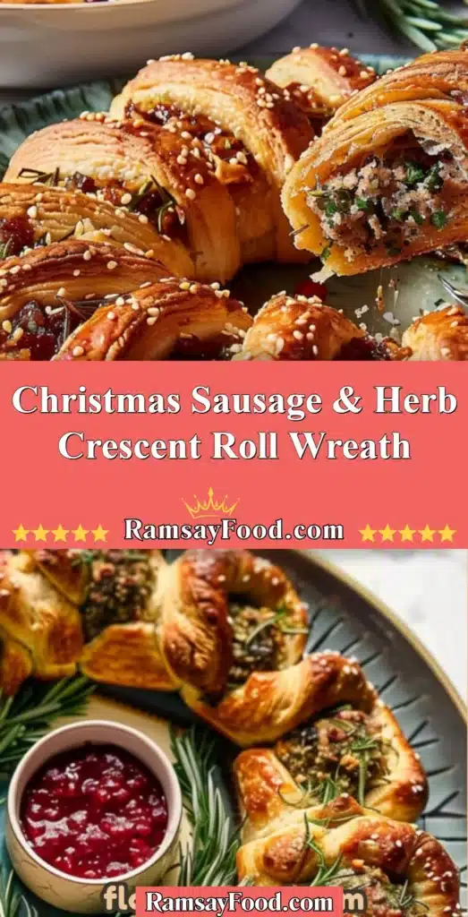 A delicious Christmas sausage wreath made with crescent rolls and herbs.