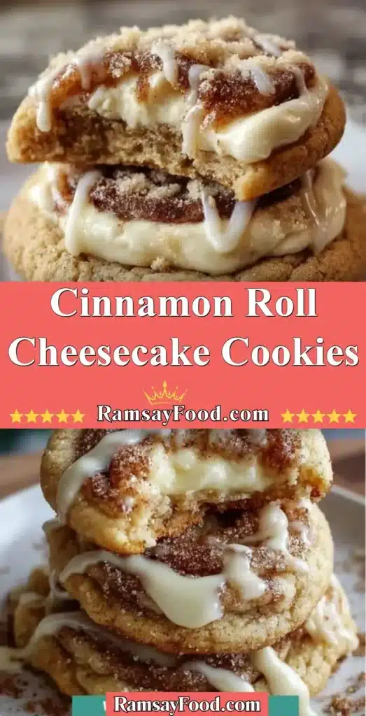 Delicious cinnamon roll cheesecake cookies topped with frosting and cinnamon.