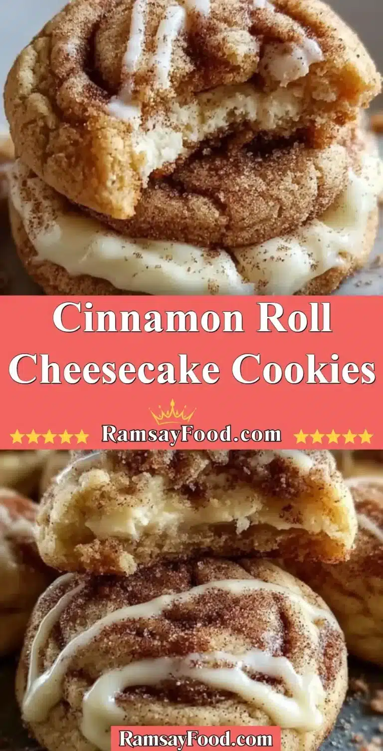 Cinnamon Roll Cheesecake Cookies 7 Delicious cinnamon roll cheesecake cookies on a plate, topped with icing.