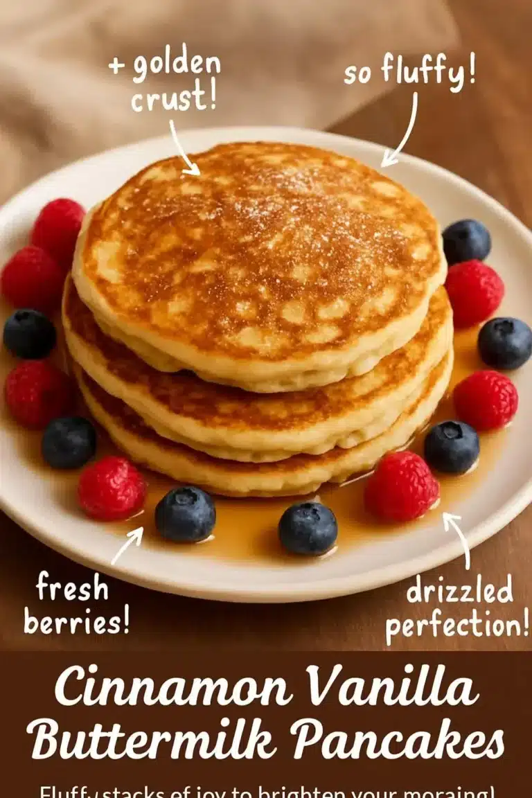 Cinnamon Vanilla Buttermilk Pancakes 8 Fluffy cinnamon vanilla buttermilk pancakes stacked with syrup