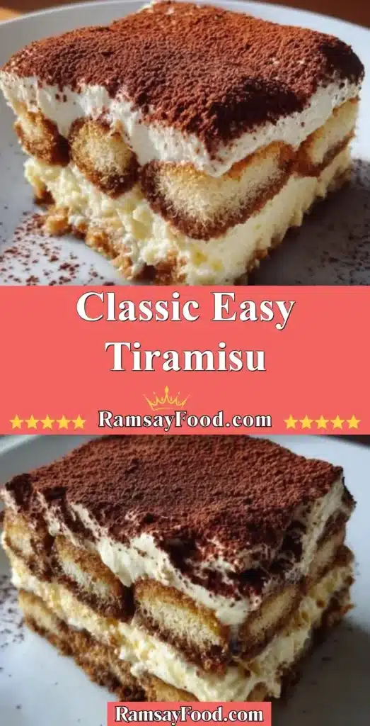Classic easy tiramisu with layers of mascarpone and coffee-soaked ladyfingers.