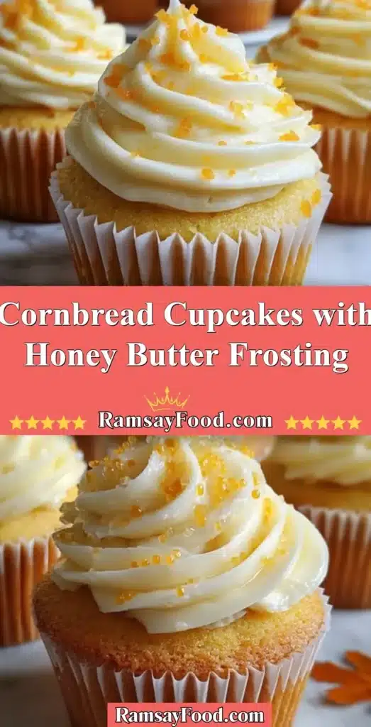 Cornbread cupcakes with honey butter frosting served on a rustic wooden table