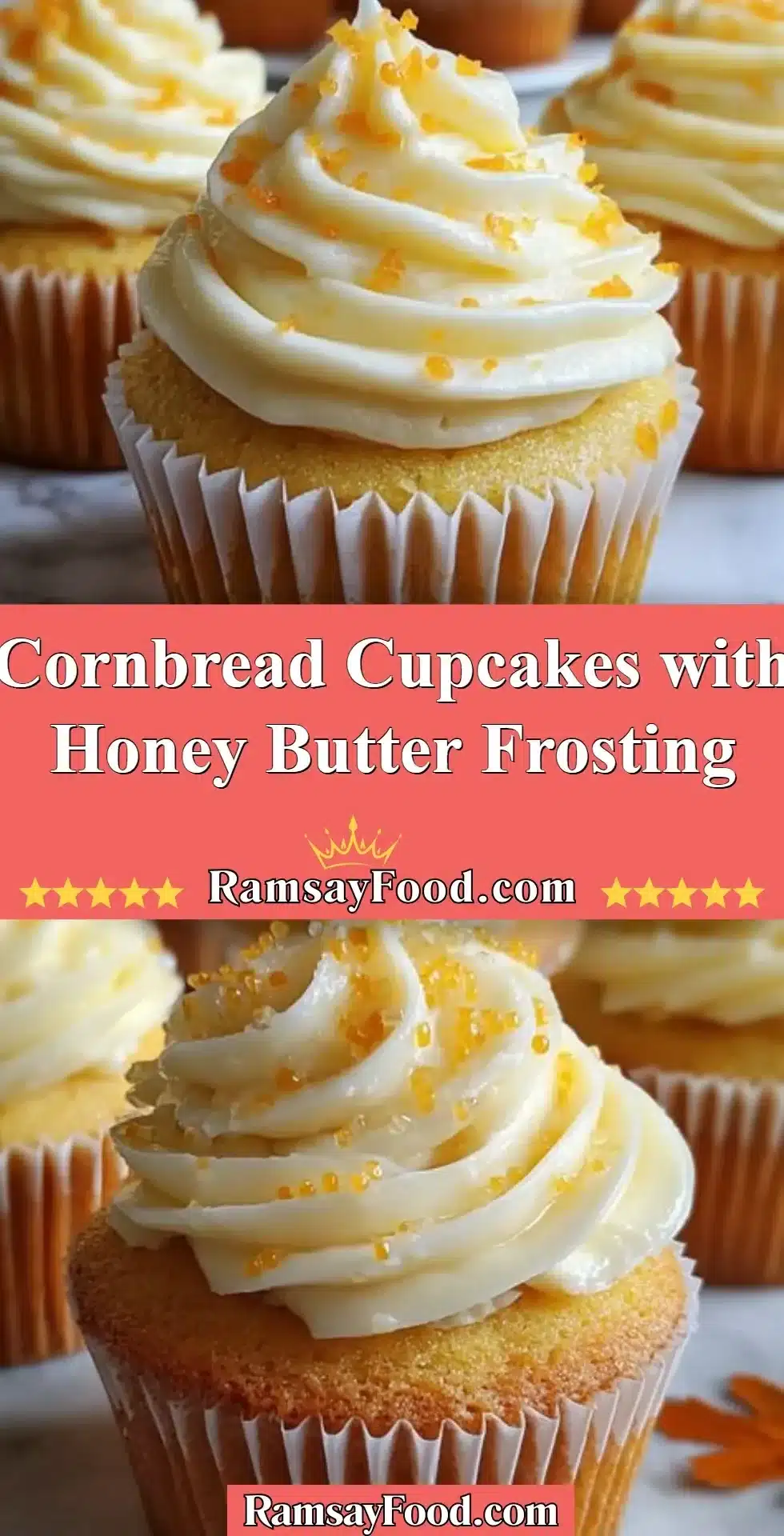 Cornbread cupcakes with honey butter frosting served on a rustic wooden table