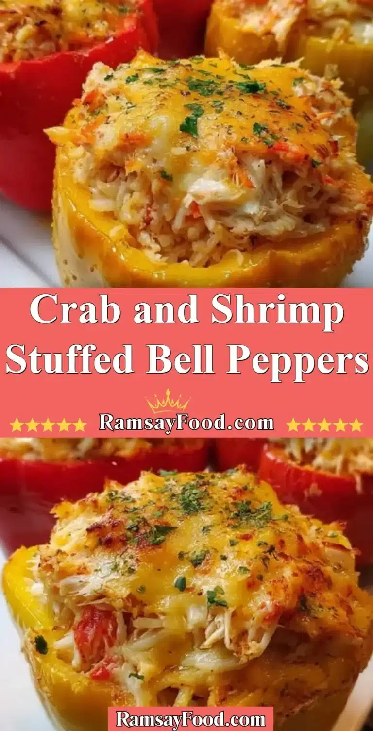 Crab and shrimp stuffed bell peppers on a plate, garnished and ready to serve.