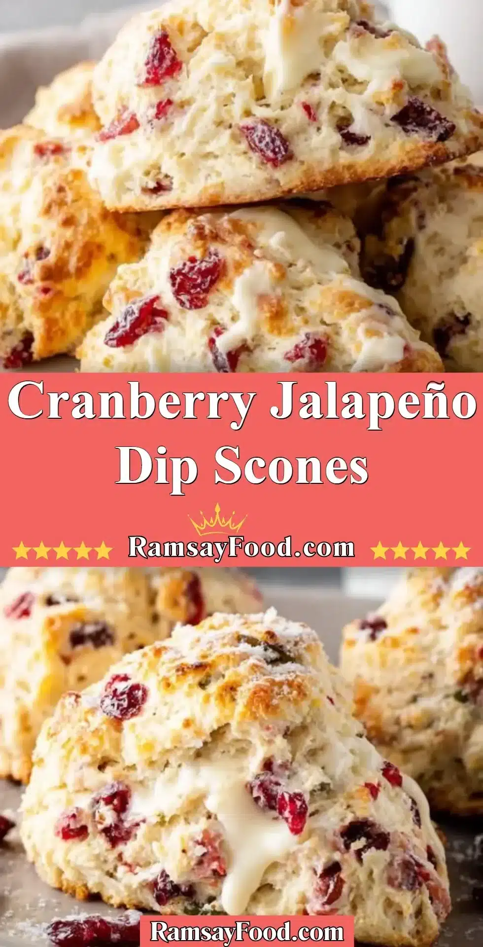 Cranberry Jalapeño Dip Scones 2 Cranberry jalapeño dip scones served on a rustic wooden platter.