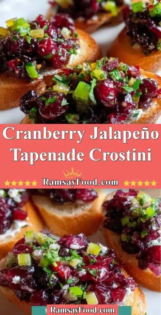 Crostini topped with cranberry jalapeño tapenade garnished with herbs