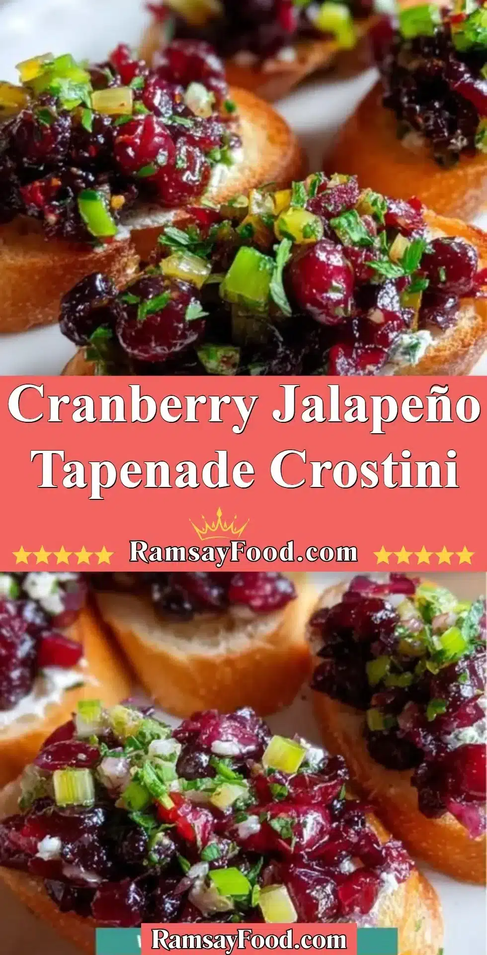 Cranberry Jalapeño Tapenade Crostini 2 Crostini topped with cranberry jalapeño tapenade garnished with herbs