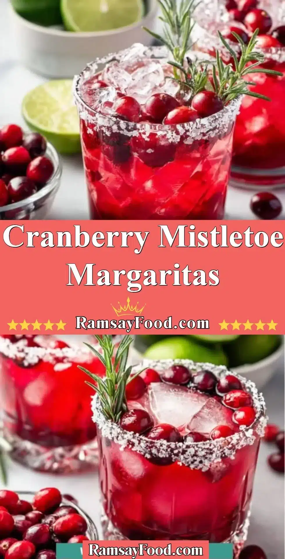 Cranberry Mistletoe Margaritas 2 Festive Cranberry Mistletoe Margaritas served in a holiday-themed glass