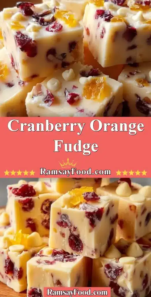 Delicious homemade Cranberry Orange Fudge topped with orange zest and cranberries.