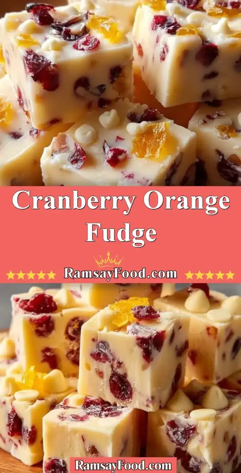 Delicious homemade Cranberry Orange Fudge topped with orange zest and cranberries.