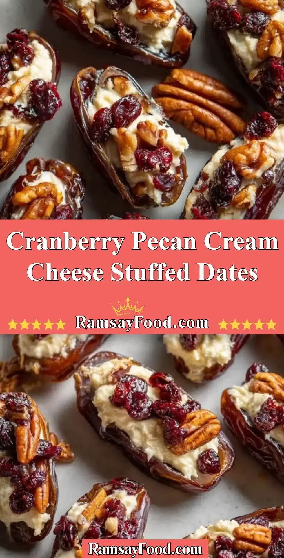 Cranberry Pecan Cream Cheese Stuffed Dates 2 Cranberry pecan cream cheese stuffed dates on a platter.