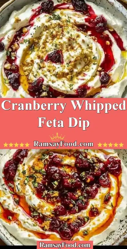 Delicious Cranberry Whipped Feta Dip served in a bowl, garnished with herbs.