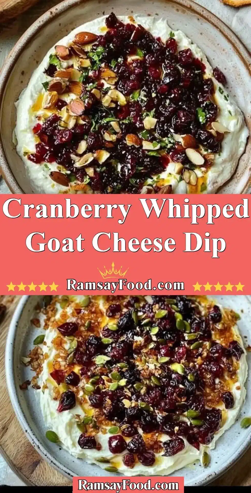 Cranberry Whipped Goat Cheese Dip 2 Cranberry whipped goat cheese dip served in a bowl with fresh herbs