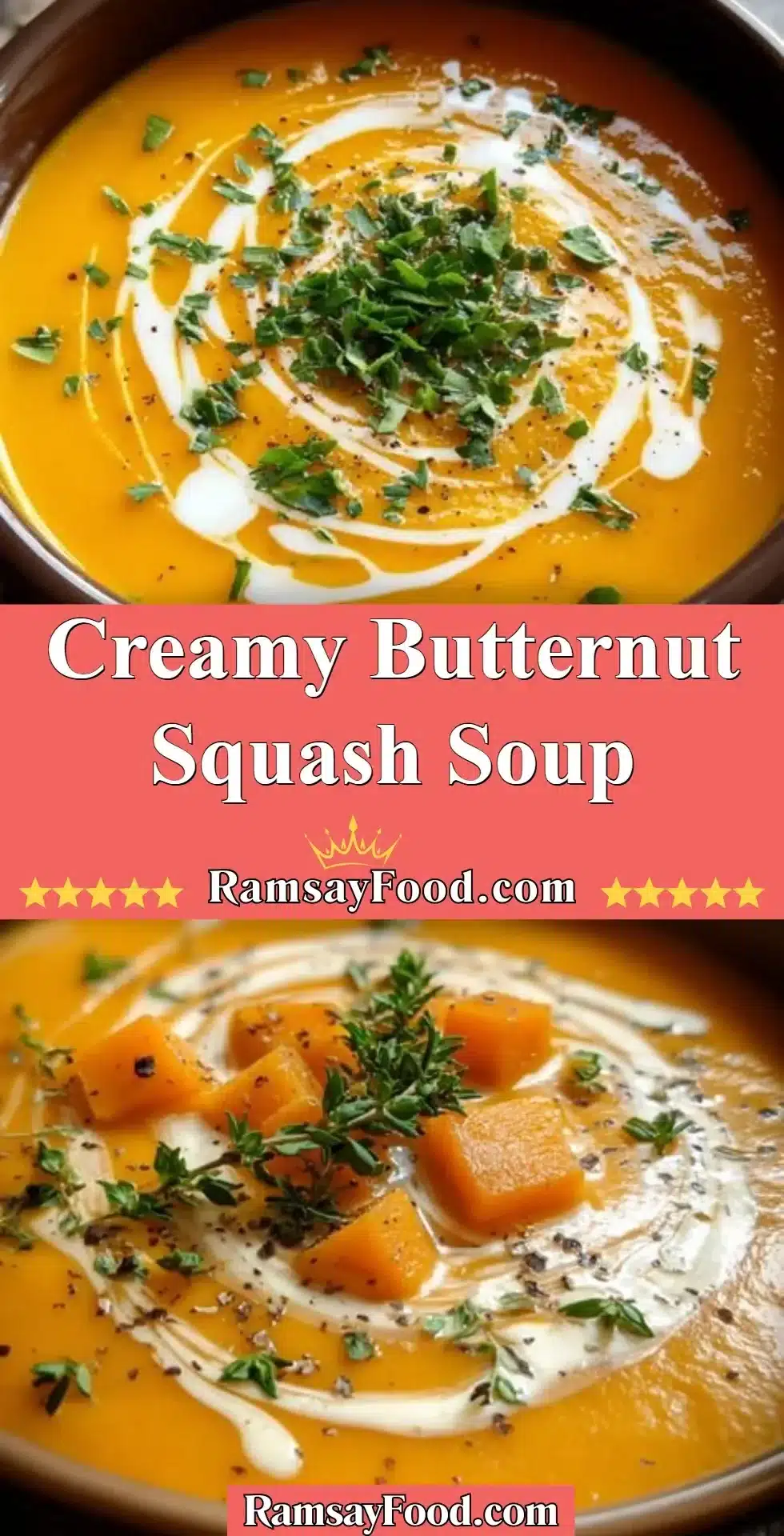 Creamy Butternut Squash Soup 2 Bowl of creamy butternut squash soup garnished with herbs and spices