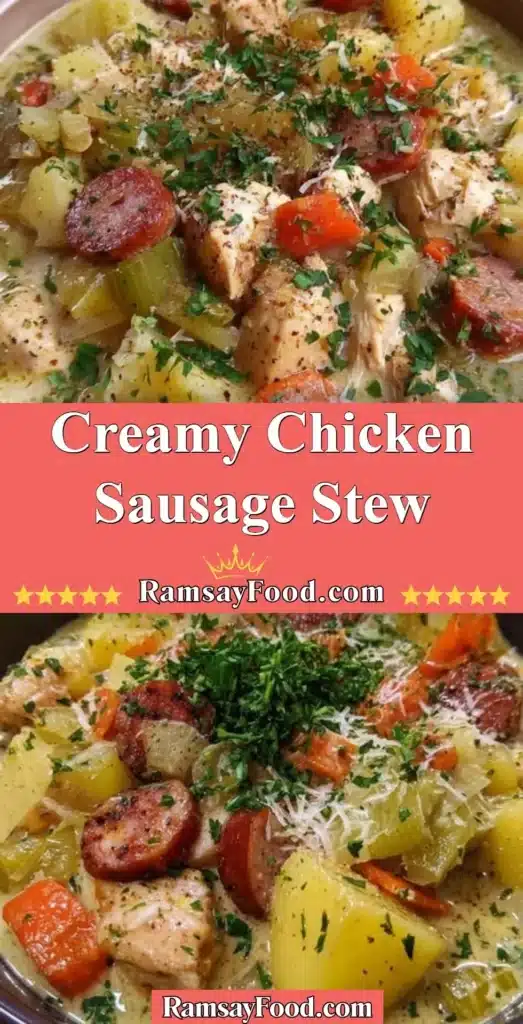 Bowl of creamy chicken sausage stew garnished with herbs and spices.